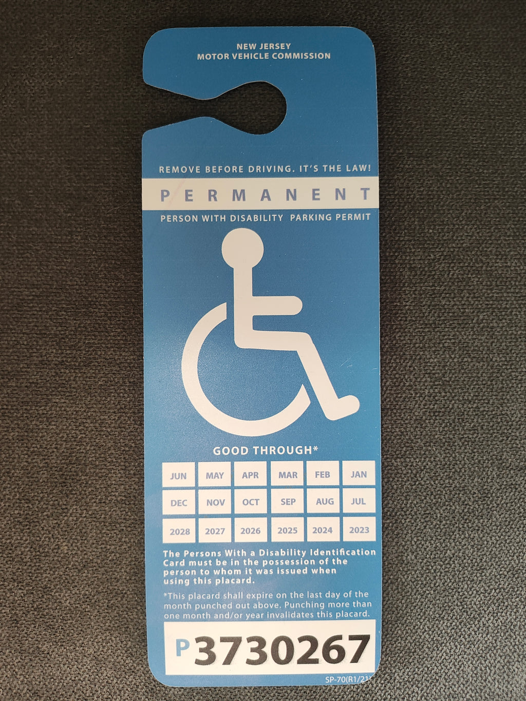 New Jersey Handicap Permit Parking Tag