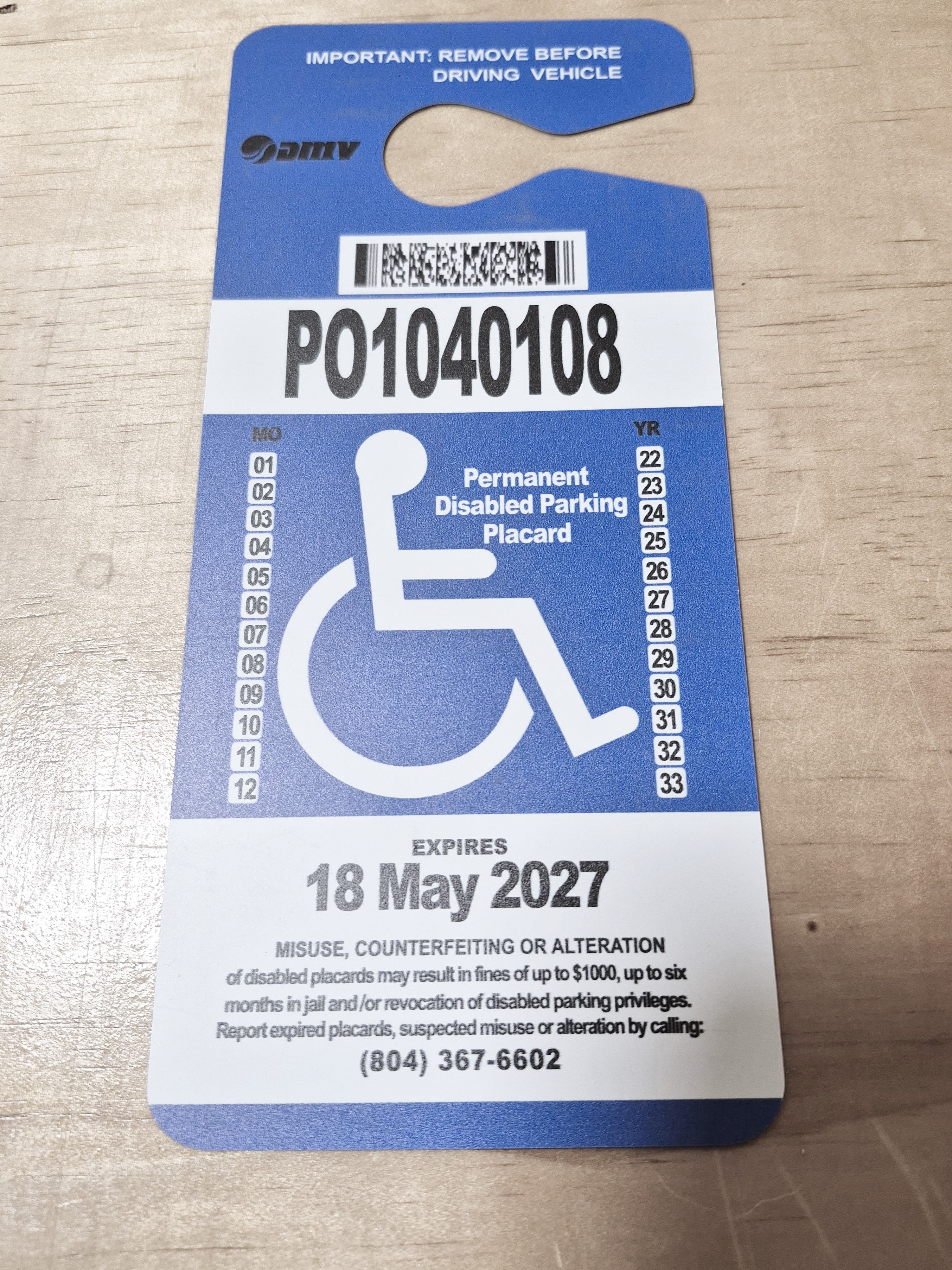 Virginia Handicap Permit Tag