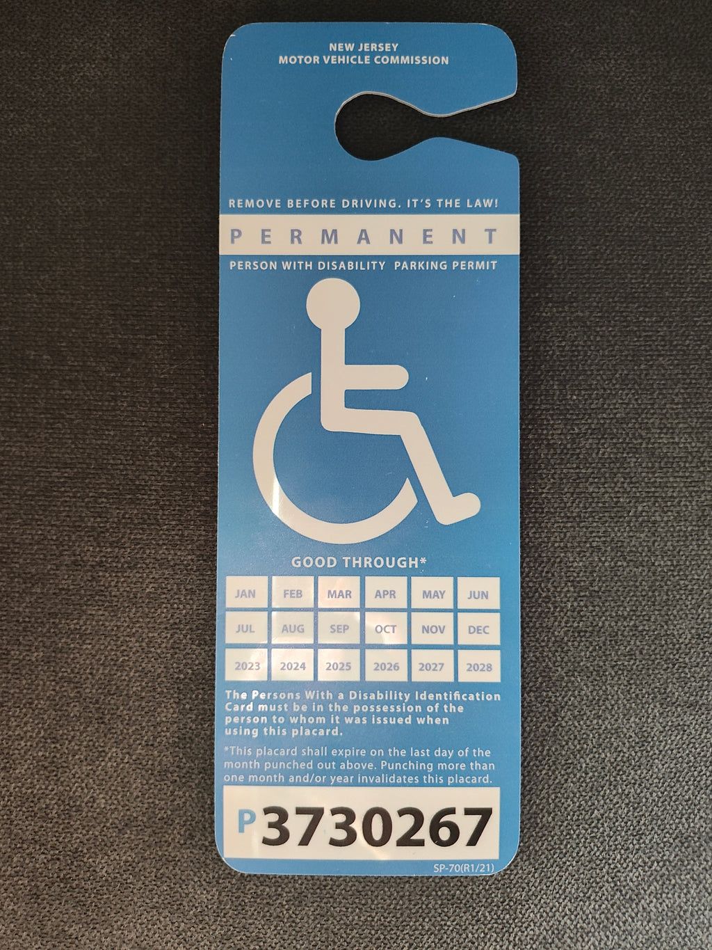New Jersey Handicap Permit Parking Tag