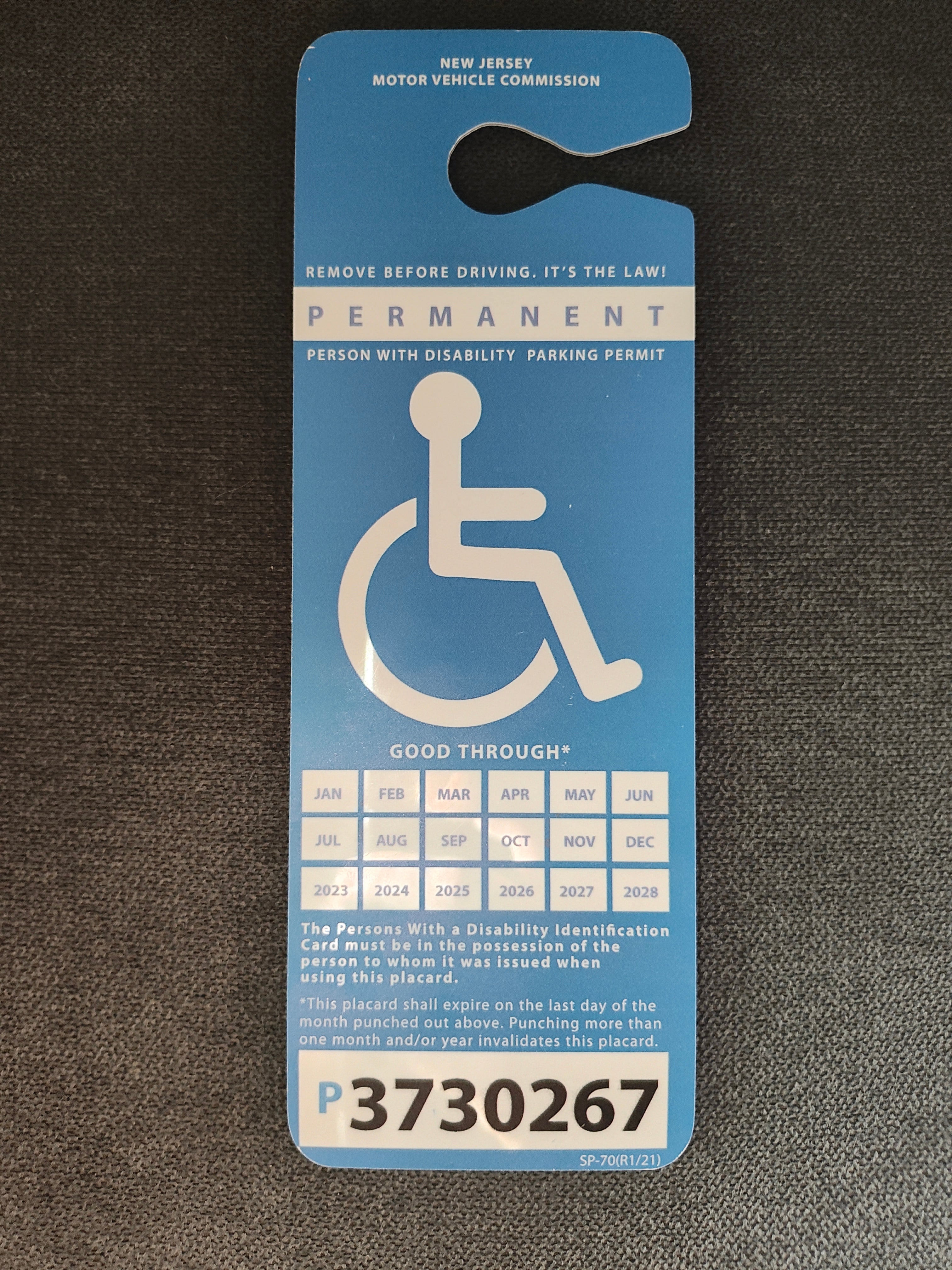 New Jersey Handicap Permit Parking Tag